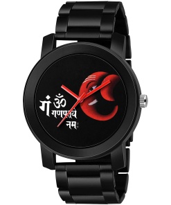 Analog Black Dial Metal Strap Watch featuring Lord Ganpati for Men and Boys