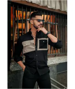 Black-grey Double Pocket Cotton Designer Shirt