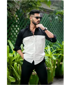 Black White Double Pocket Cotton Designer Shirt