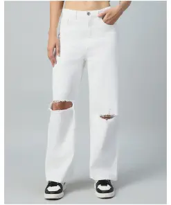 Women's White Baggy Straight Fit Distressed Jeans