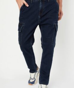 Rugged Stonewashed Cargo Jeans with Regular Fit for Men