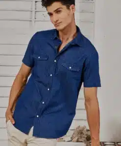 Blue Silky Denim Cargo Shirt For Men
