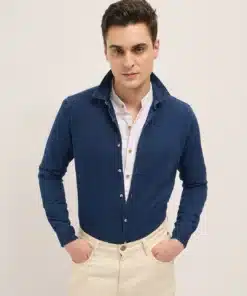 Dark Blue Solid Slim Fit Denim Casual Shirt