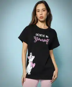 Women's Black Believe Cat Graphic Printed Boyfriend T-shirt