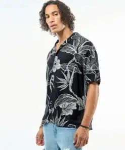 Edgy Black Oversized Button-Up Shirt with Prints