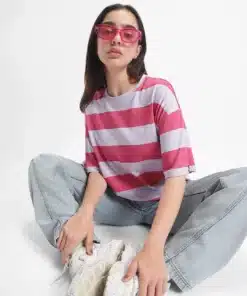 Women's Off White & Pink Striped Oversized T-shirt