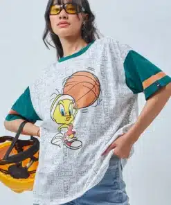 White & Green Tweety Graphic Printed Oversized T-shirt