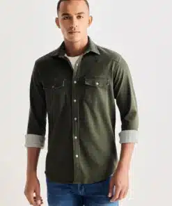 Olive Solid Denim Shirt For Men