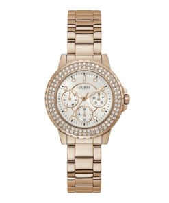 Stylish Women's Casual Watch with White Dial, Purple Features, and Rose Gold Bracelet