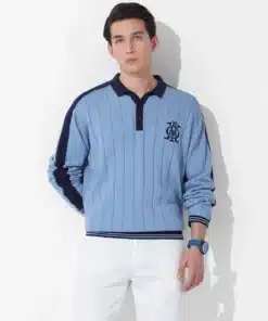 Men’s Blue Textured Oversized Polo T-Shirt Full Sleeves