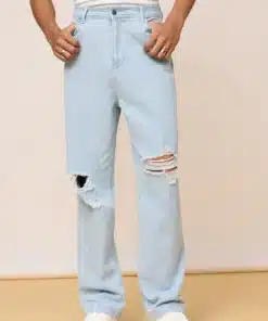 Light Blue Distressed Knee Straight Jeans for Men