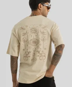 Beige Structured Oversized T-Shirt with Half Sleeves