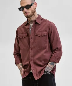 Relaxed Fit Brown Denim Shirt with Chest Pockets
