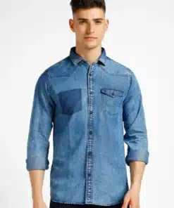 Fitted Blue Denim Shirt with Washed Finish for Men