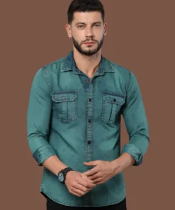 Relaxed Fit Green Casual Shirt with Washed Look