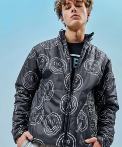 Black All Over Printed Oversized Puffer Jacket