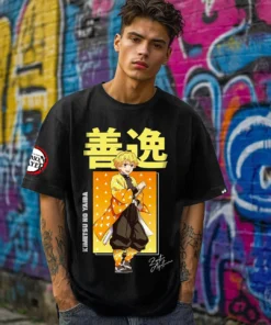 Black Zenitsu Agatsuma Graphic Printed Oversized T-shirt