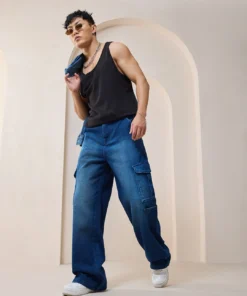 Indigo Horizon Loose Fit Washed Cargo Denim Mens