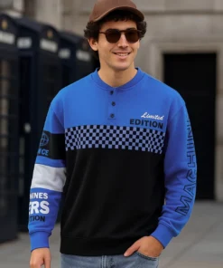 Mens Blue and Black Color Block Oversized Sweatshirt Offering Bold Contrast and Comfortable Style