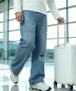 Ocean Worn Mens Baggy Distressed Cargo Mid Rise Jeans