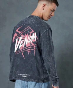 Grey Venom Graphic Printed Oversized Acid Wash T-shirt