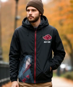 Men's Jet Black Itachi Graphic Printed Oversized Windcheater Jacket