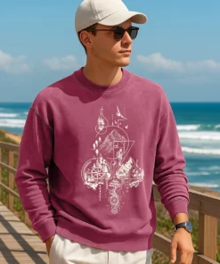 Mens Tibetan Red Travel Graphic Printed Oversized Acid Wash Sweatshirt with a Bold Vintage Appeal
