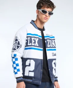 Men's White & Light Navy Blue Typography Oversized Bomber Jacket